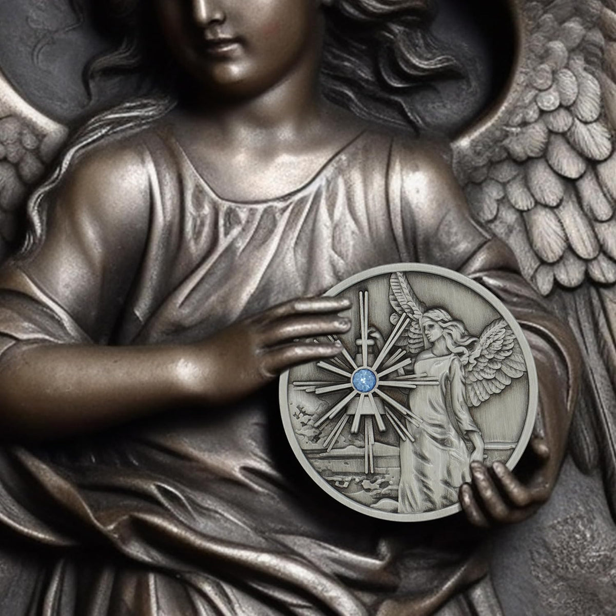 The Token Shop pewter guardian angel coin medallion with aqua crystal lantern - view 3