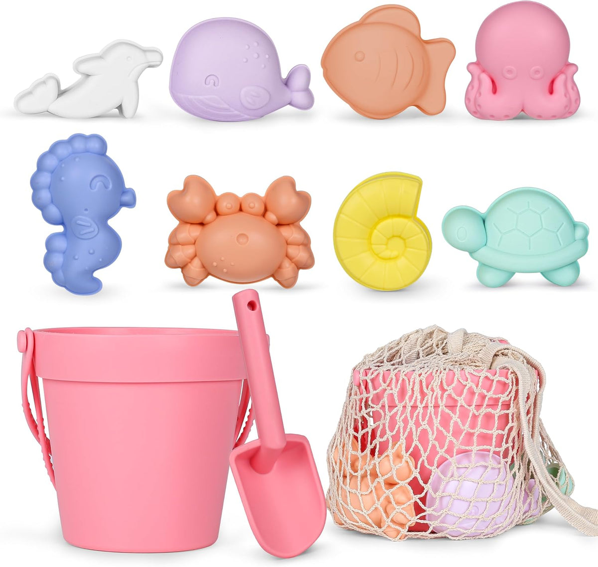 MarcZero 11Pcs Silicone Beach Toys, Bucket & Sand Toys - Peach Pink