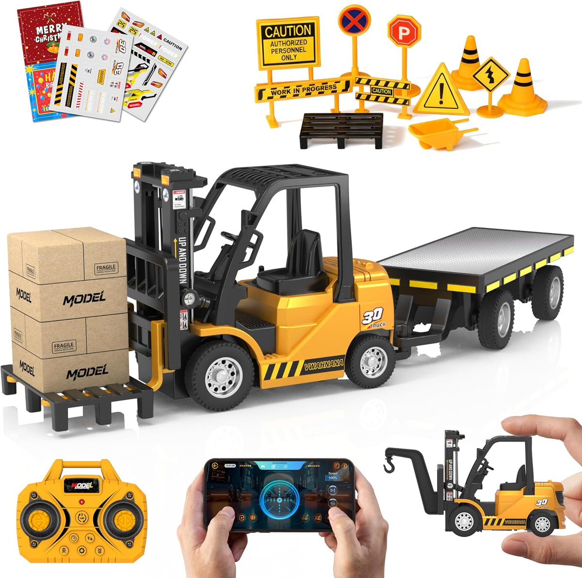 1:24 RC Forklift Toy for Kids - Yellow / 1:64 Scale with Trailer (9.06 x 1.57 x 2.56 inch)