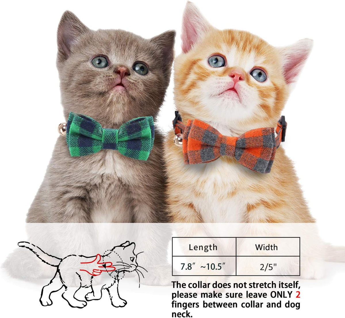 2 Pack/Set Cat Collar Breakaway with Cute Bow Tie and Bell for Kitty - Green+Orange / Plaid - image 2