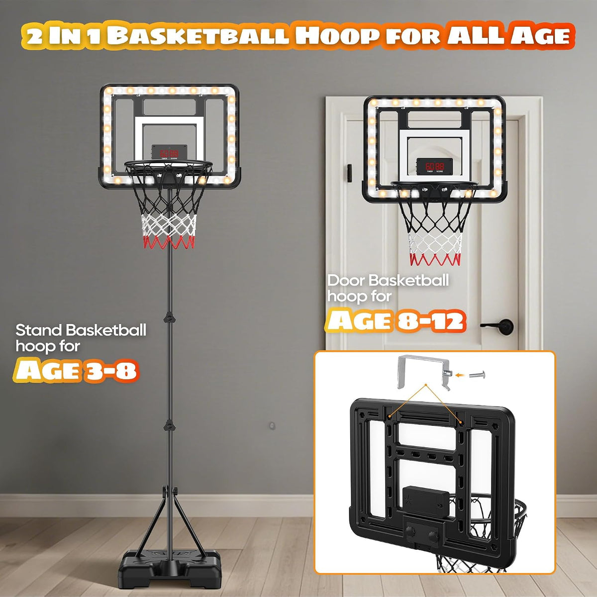 flybakiz kids basketball hoop with electronic scoreboard, timer and adjustable stand - view 4