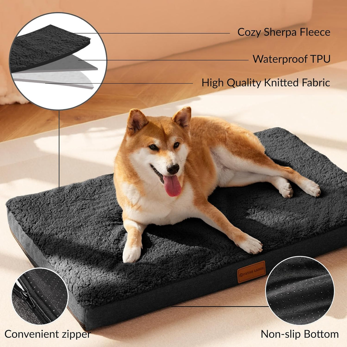 Patas Lague Orthopedic Large Dog Bed Washable Pet Sofa Mat 36''X24'' - 42"L x 28"W x 3.5"Th / Black - image 3