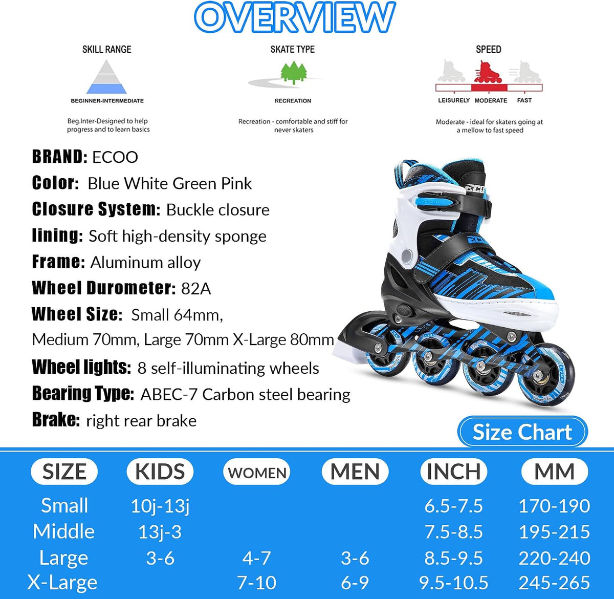 Adjustable Inline Skates for Kids Ages 4-12 – Fun for Kids & Family - Blue / Medium-Big Kids（13j-3 US） - image 4