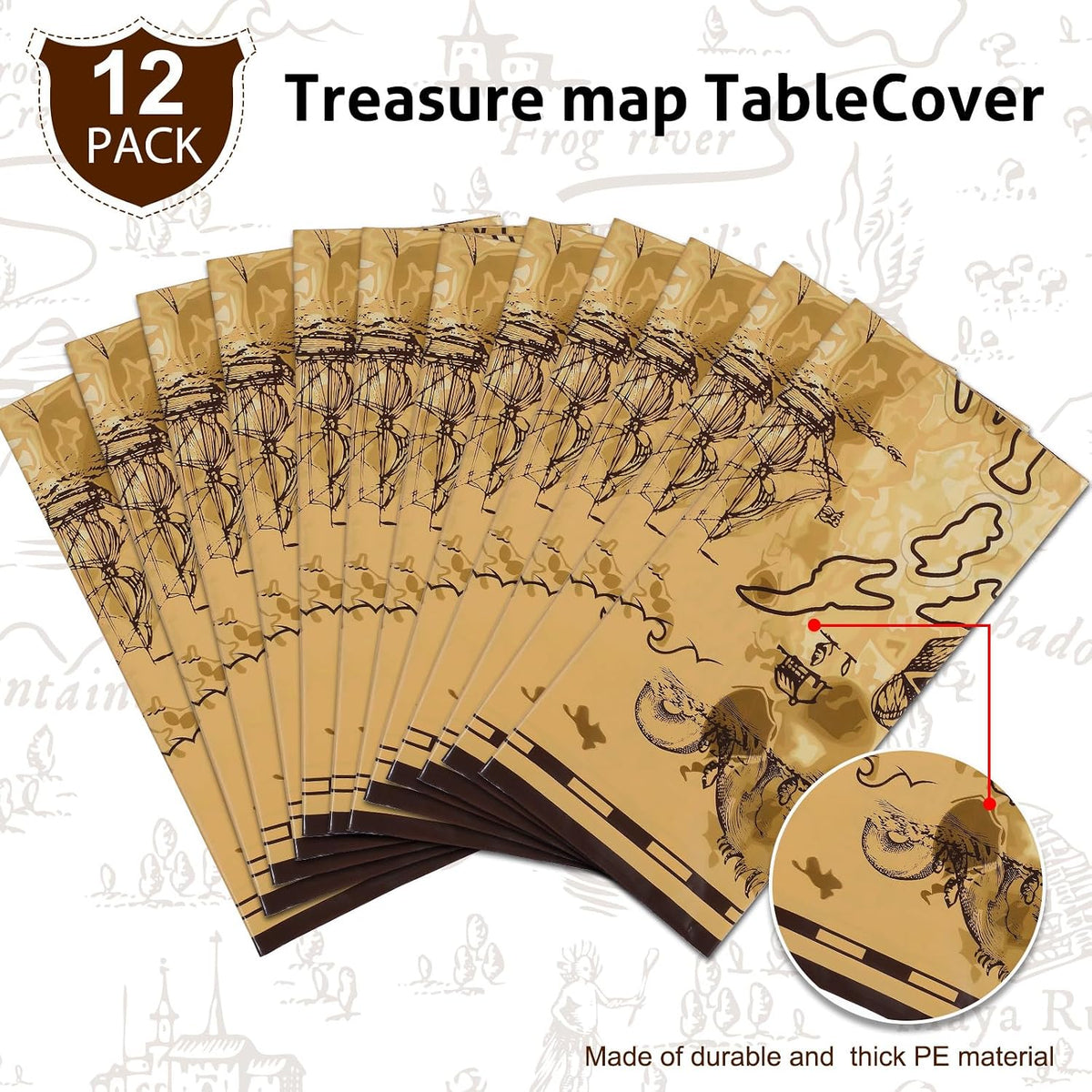 Irenare pirate tablecloth printed with a treasure map, skeleton, boat, mountain and treasure chest - view 6