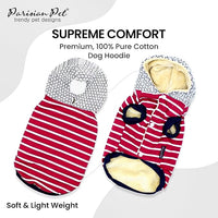 Parisian Pet Basic Dog Hoodie - Lightweight Red Striped Pom Pom Sweatshirt - Pullover With Leash Hole and Pockets - Clothes for Large Dogs - L