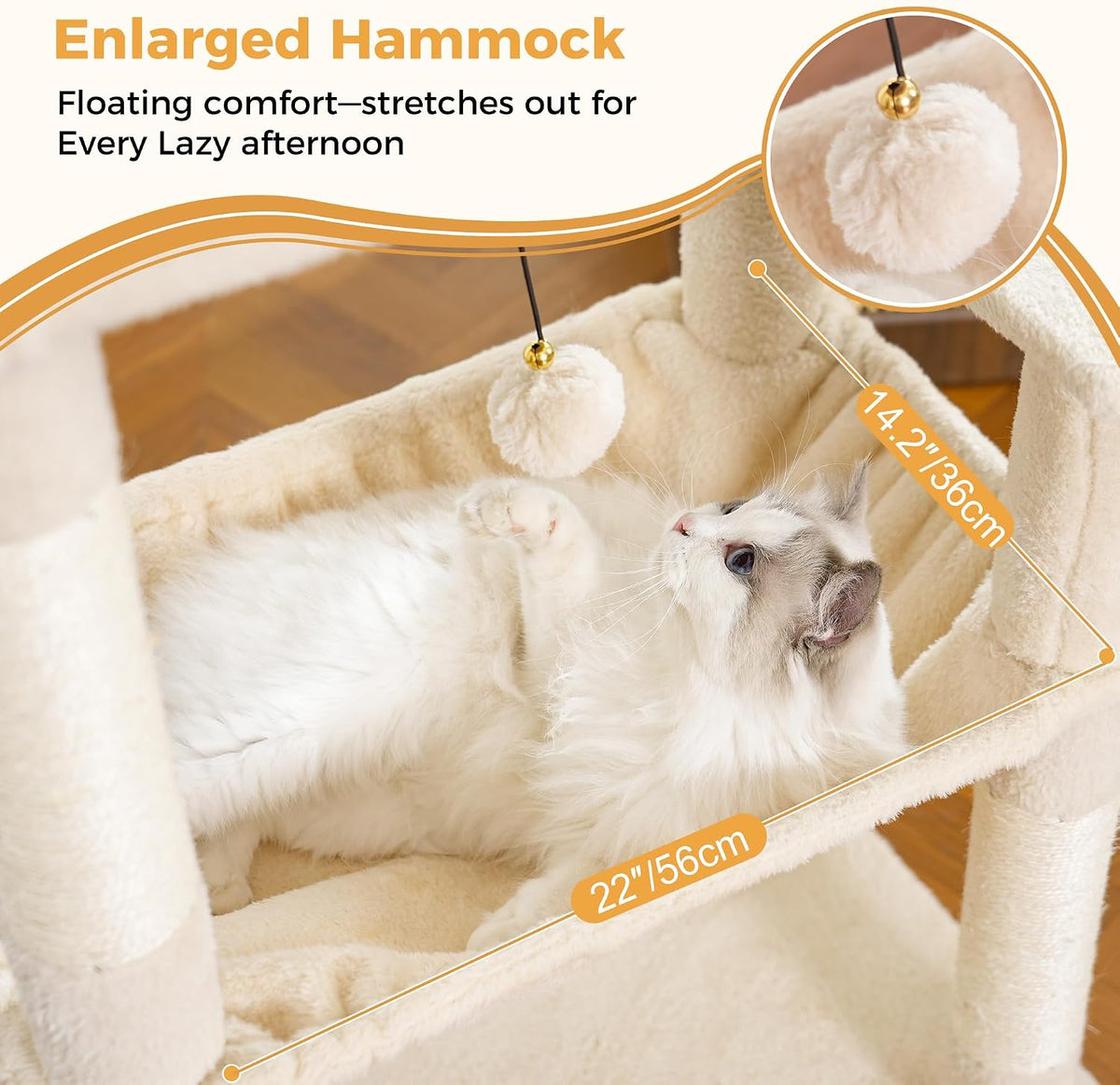 Cat Tree 32” Small Cat Tower with Large Hammock 16”& Self Groomer – Essentials for Cats - XLarge-53" / Beige - image 3