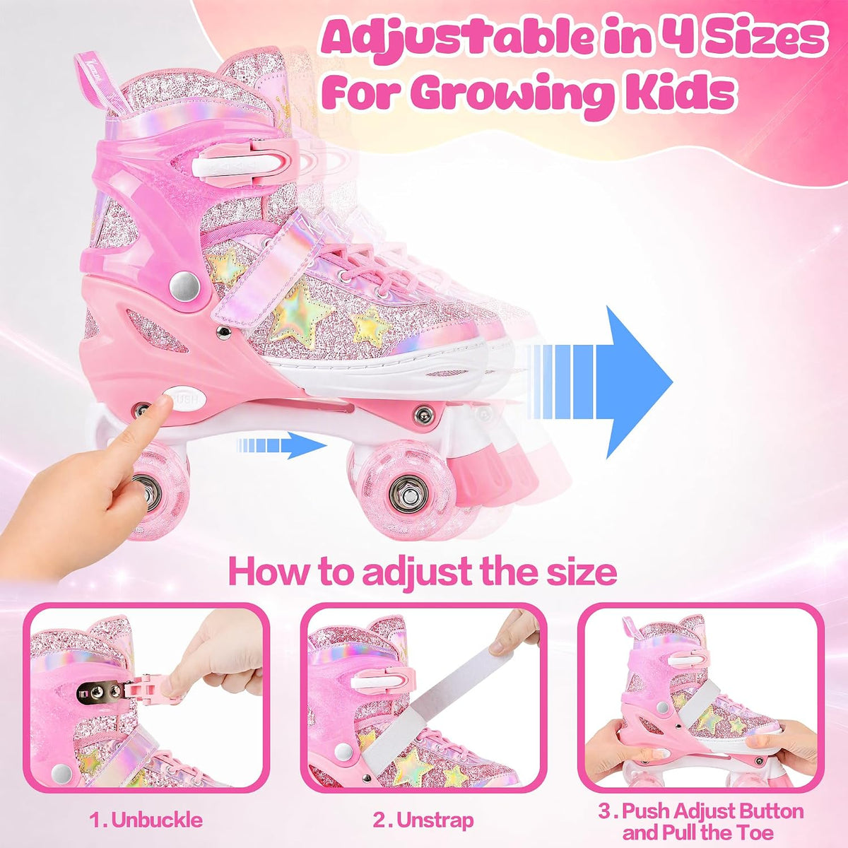 Kuxuan Adjustable Roller Skates with Fun Illuminating Rollerskate - Star Pink / Medium - Big Kid(1-4US) - image 3