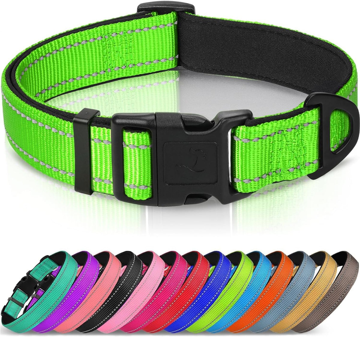 Joytale Reflective Dog Collar, Adjustable Neoprene Padded - Large (Pack of 1) / Green