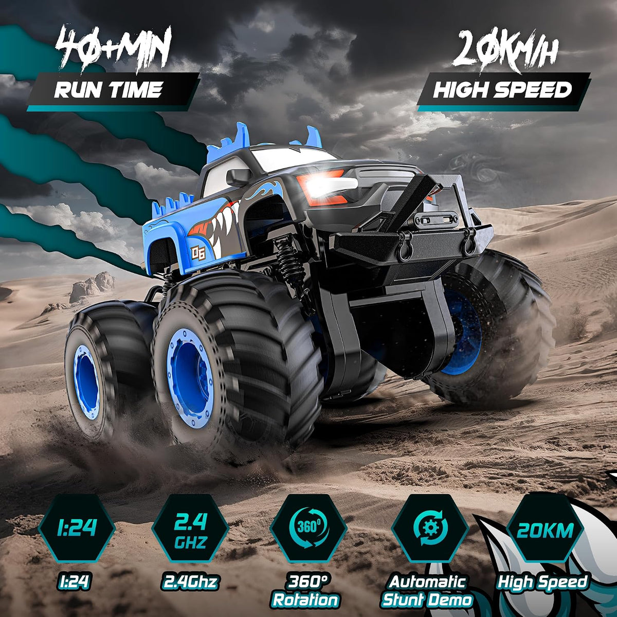 Remote Control Car All-Terrain 1:18 Rc Car with LED Lights 2 Batteries – Fun for Kids & Family - Dark Blue - image 3