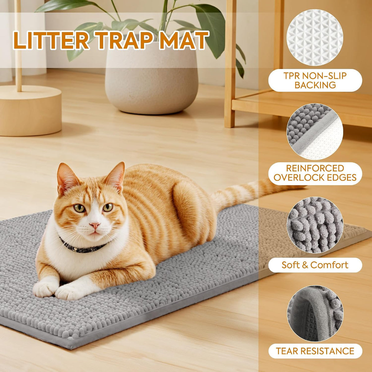 Pieviev Soft Chenille Cat Litter Box Mat, Ultra Absorbent - Grey / XXL-48''X36'' - image 2