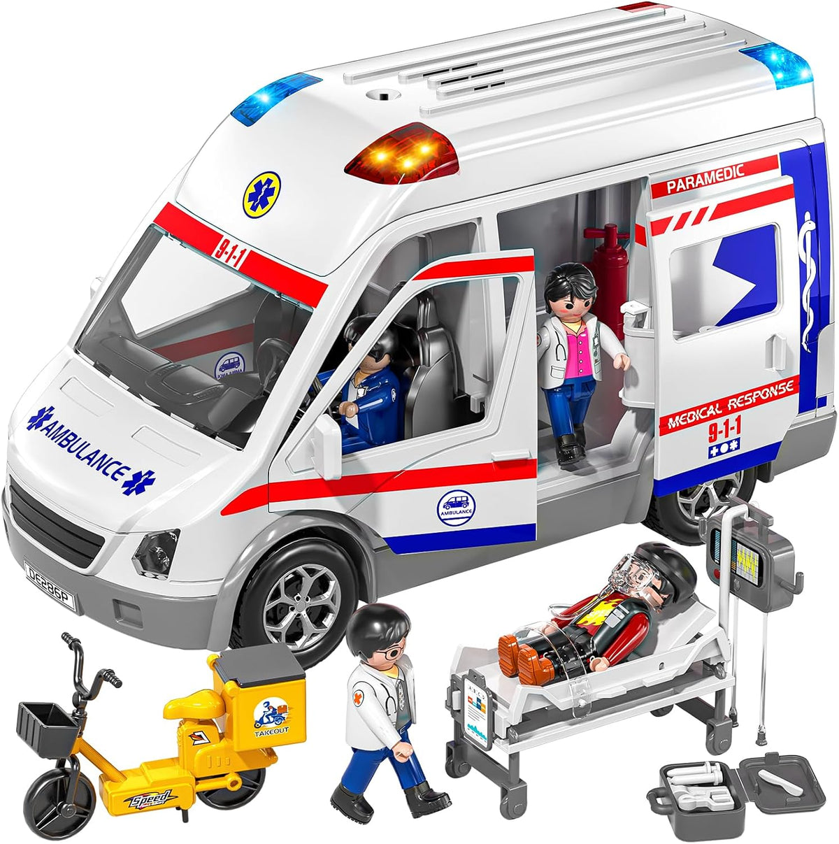 Temi ambulance toy with opening doors, action figures and stretcher accessories