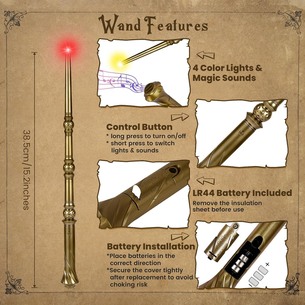 KingVows Light Up Magic Wizard Wand with 4 Color Lights & Sound - Golden - image 3