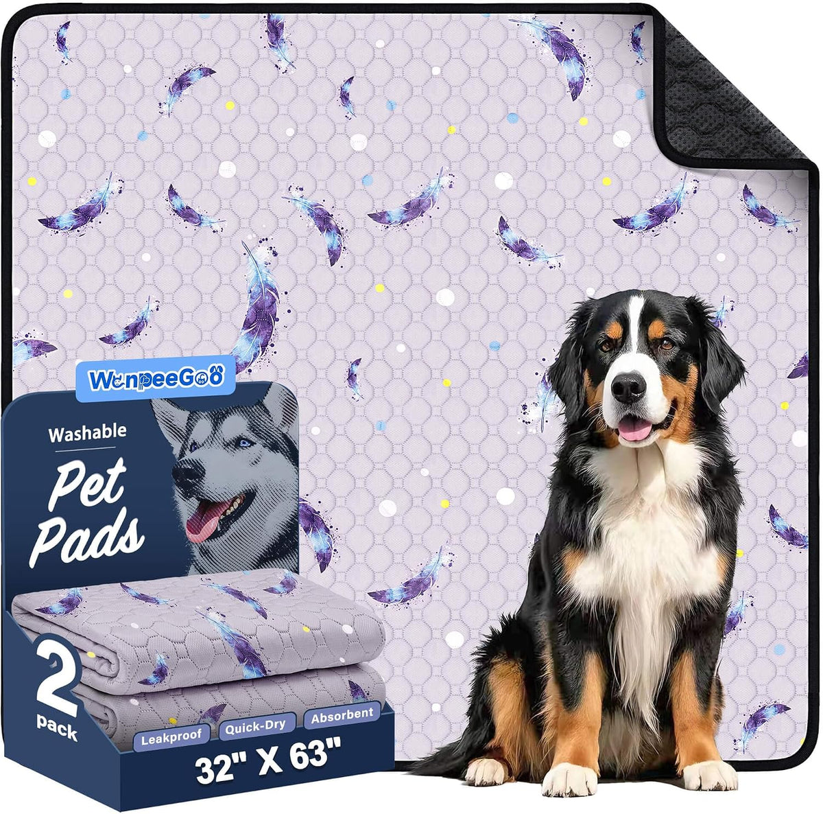 Washable Dog Pee Pads, Non-Slip Waterproof, Feather - Feather Pattern / 32"x63"(Pack of 2)