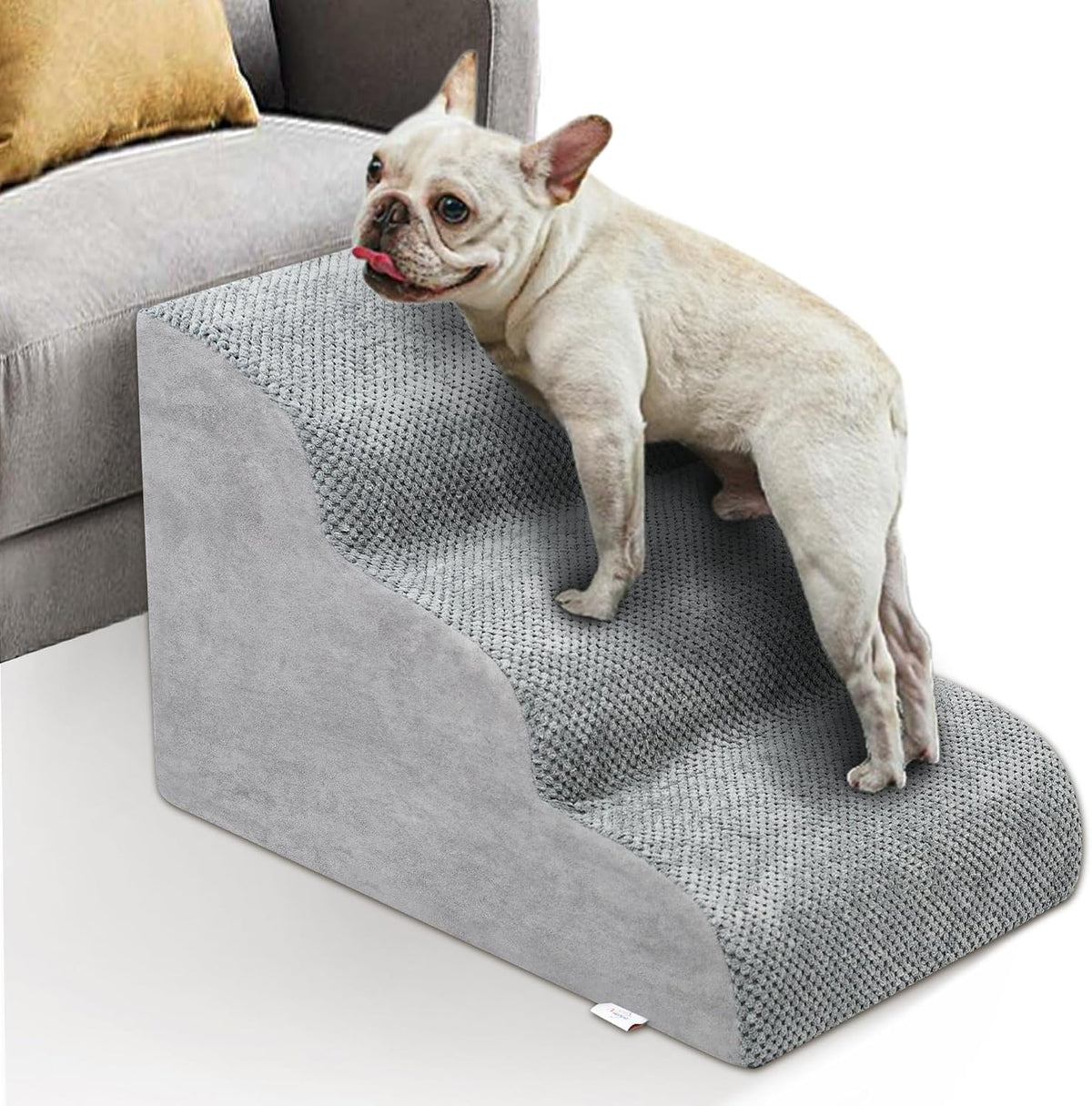 Dog Stairs for Small Dogs, High Density Foam Dog Ramp - Fleece-Gray / 3 Steps