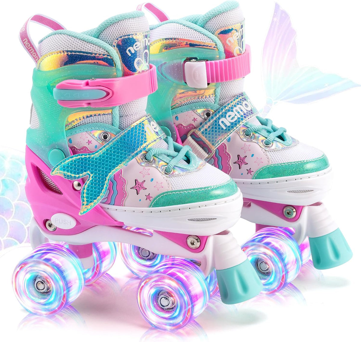 NEMONE Mermaid Adjustable Light up Roller Skates for Girls Boys – Fun for Kids & Family - C- Reef Mermaid / Large - Youth