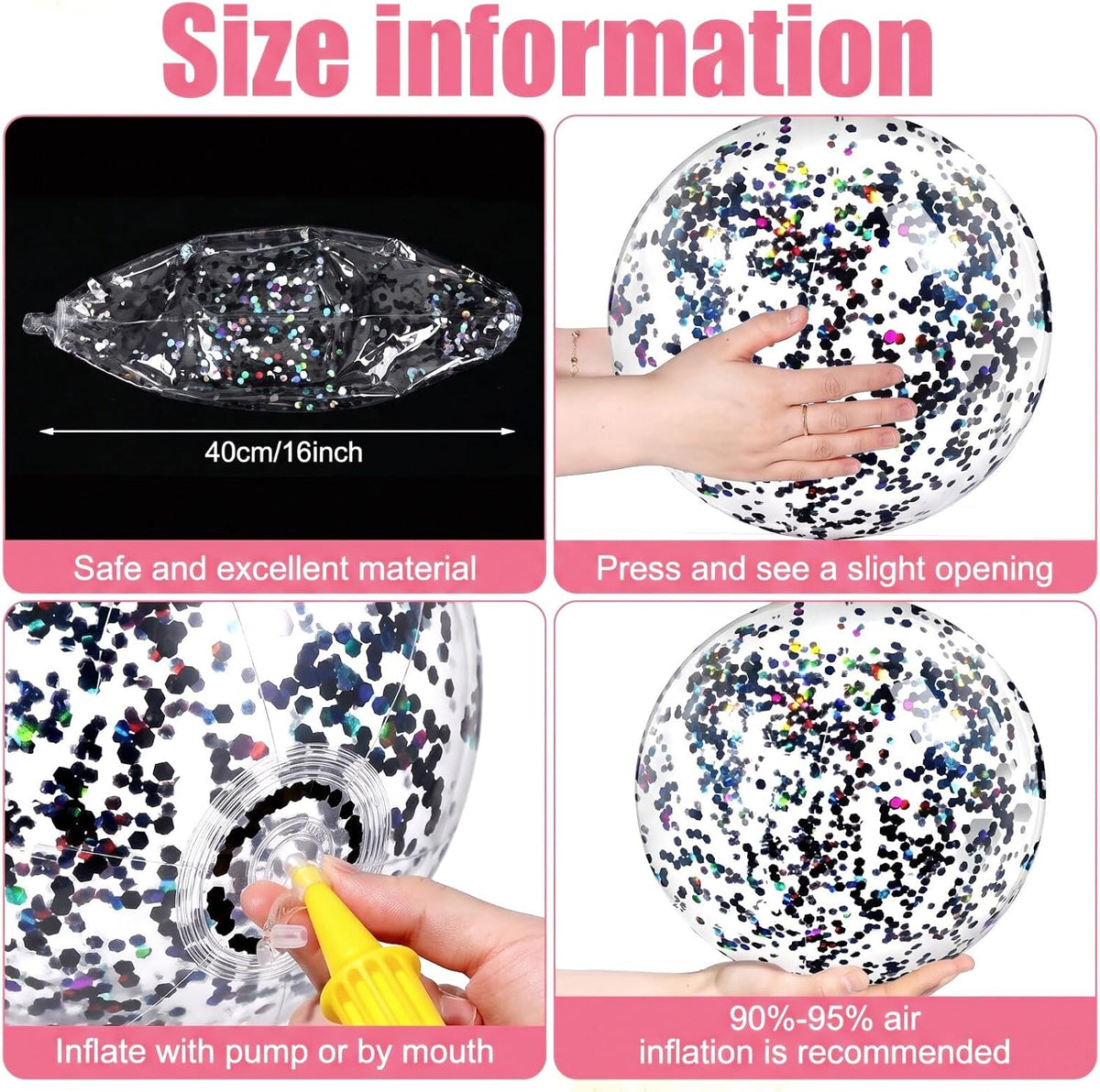 Civaner 10 Pcs Inflatable Glitter Beach Balls 16 Inch - Black / Glitter - image 2