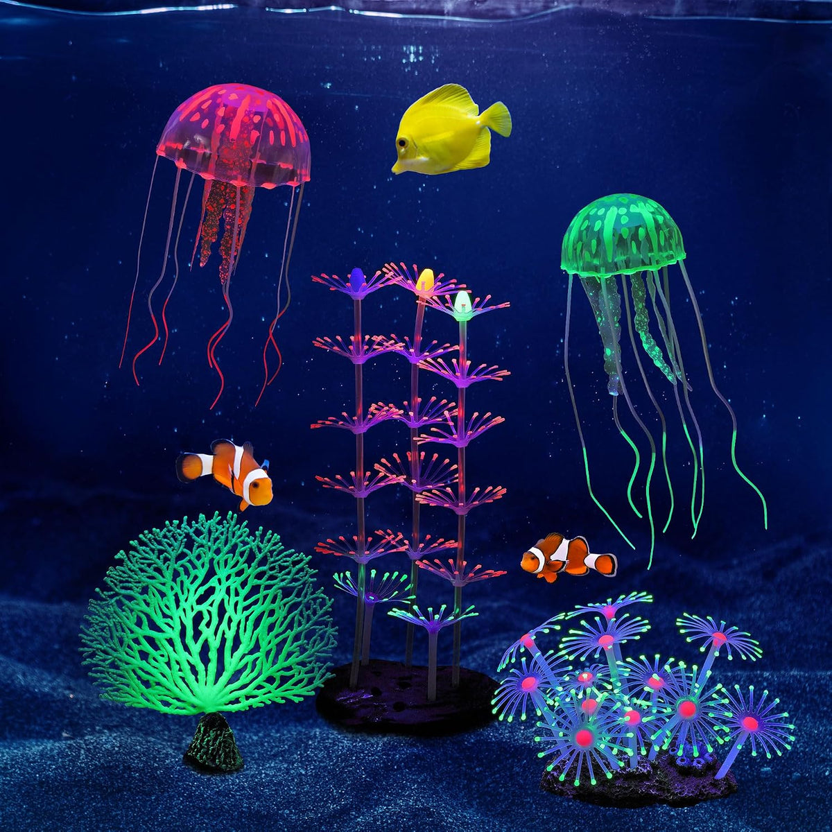 4 Pack Glow Aquarium Decorations Coral Reef Glowing Mushroom Anemone - 5 Pcs(branch Coral+coral Tree+coral And+2x Jellyfish)