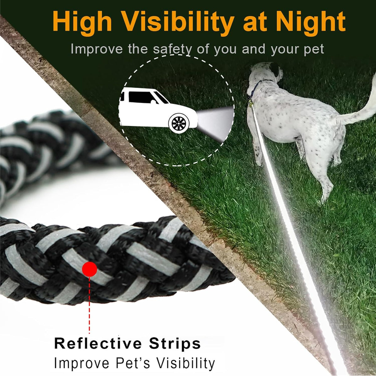 Reflective Dog Leash 2/3/4/6/10ft Braided 1/2" Strong Nylon Rope – Essentials for Dogs - 3ft * 1/2" / Black - image 2