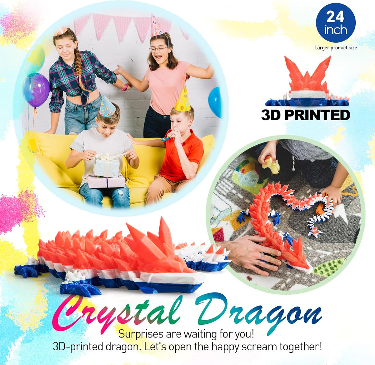 24" Large 3D Printed Dragon - Red White Blue / 24 inch - image 2