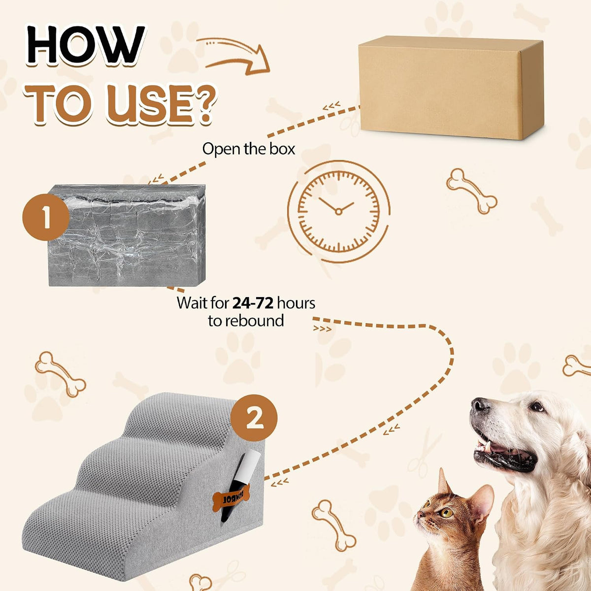 Dog Stairs Ramp for High Bed - 3 Step-15.7"H / Fleece-Light Grey - image 3