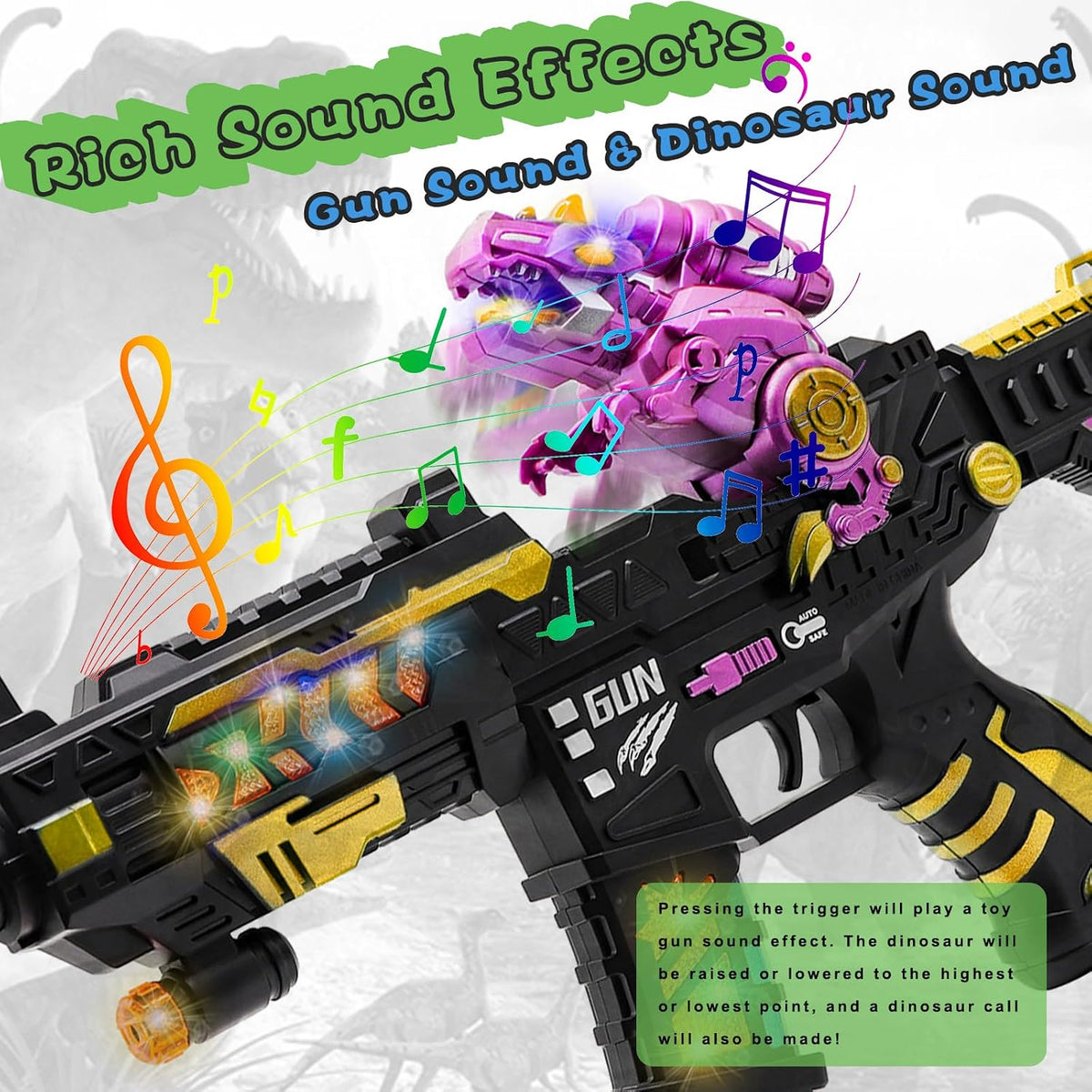 DaoDaoZhu Dinosaur Light Up Toy Gun with Sound Effects - Black-pink - image 3