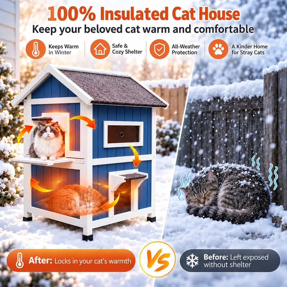 2-Layer Outdoor Cat House with Soft Mat - Blue-with Mat - image 3