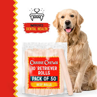 Canine Chews 10" Dog Rawhide Retriever Rolls - Rawhide Bones for Large Dogs (50 pk) - Natural Beef Dog Rawhide Chews - Single Ingredient Dog Rawhide Bones - Large Rawhide Bones for Dogs Dental Chew