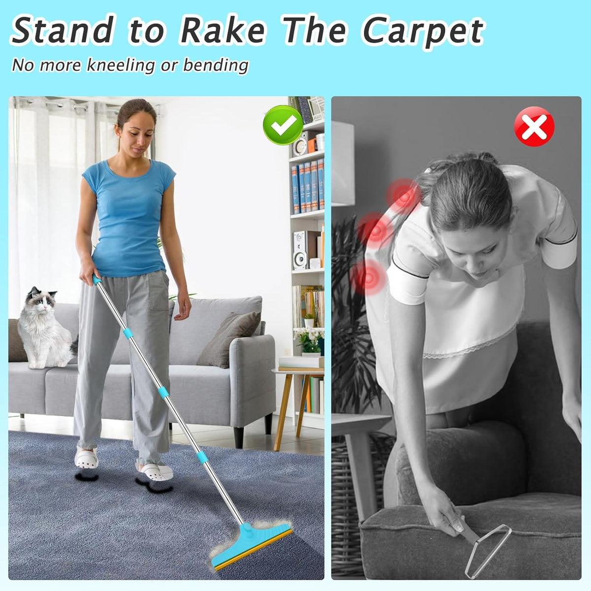 Carpet Rake for Pet Hair Removal Tool - 60‘’ / Blue - image 3
