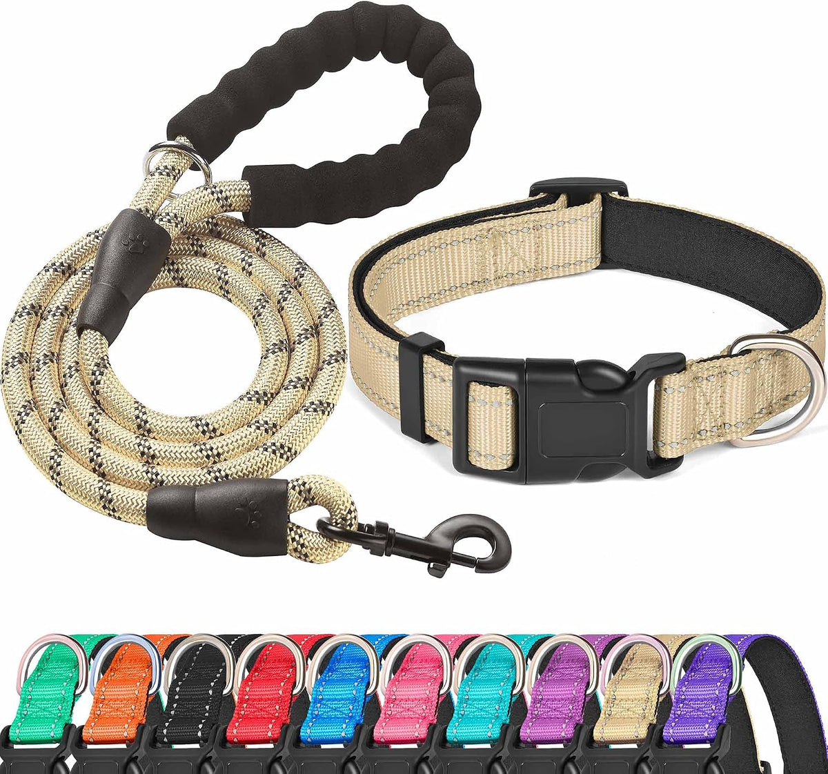 Ladoogo Reflective Dog Collar Padded with Soft Neoprene - Beige / Medium