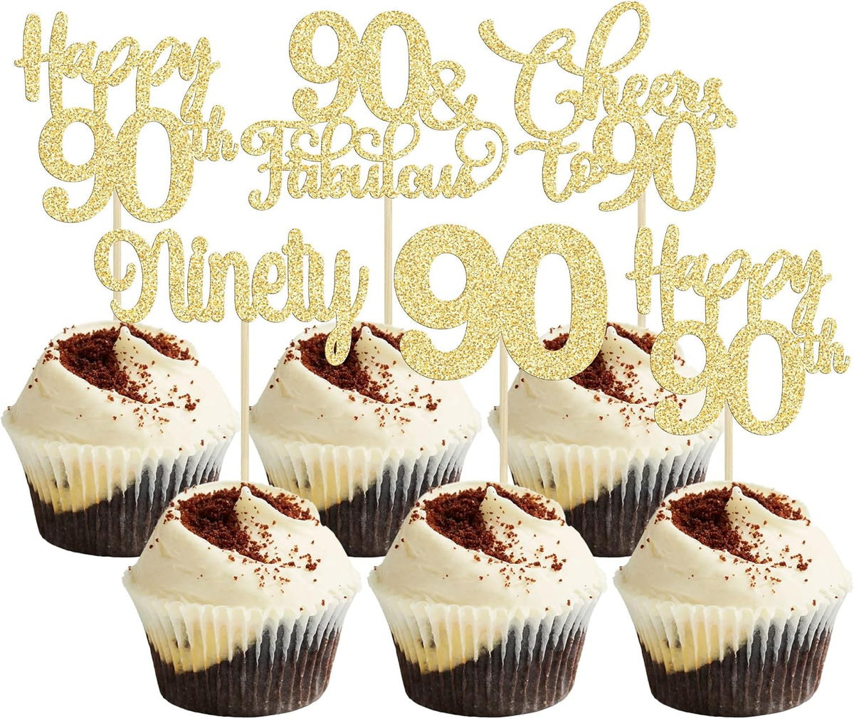30 Pack Happy 80th Birthday Cupcake Toppers Gold Glitter Eighty - 90th / Gold
