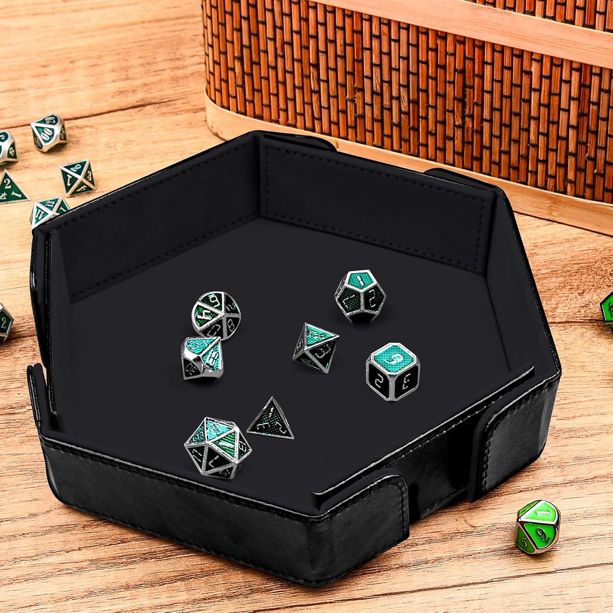 SIQUK magnetic folding hexagon dice tray in PU leather with velvet lining - view 17