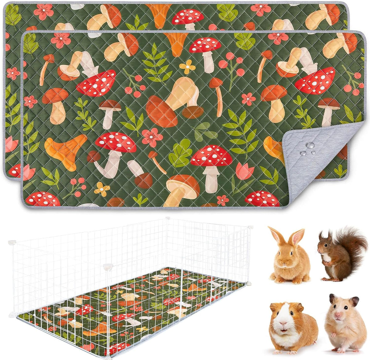 Unicorn Catcher 2 Pack Washable Guinea Pig Cage Liner - Mushrooms / 47X24in