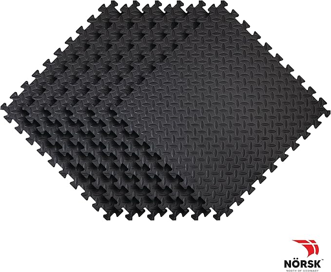 Norsk Foam Floor Gym Mats with Interlocking Tiles, .47" Thick, 24"x24", 60-Pack, 240 Square Feet, Diamond Plate Design, Black