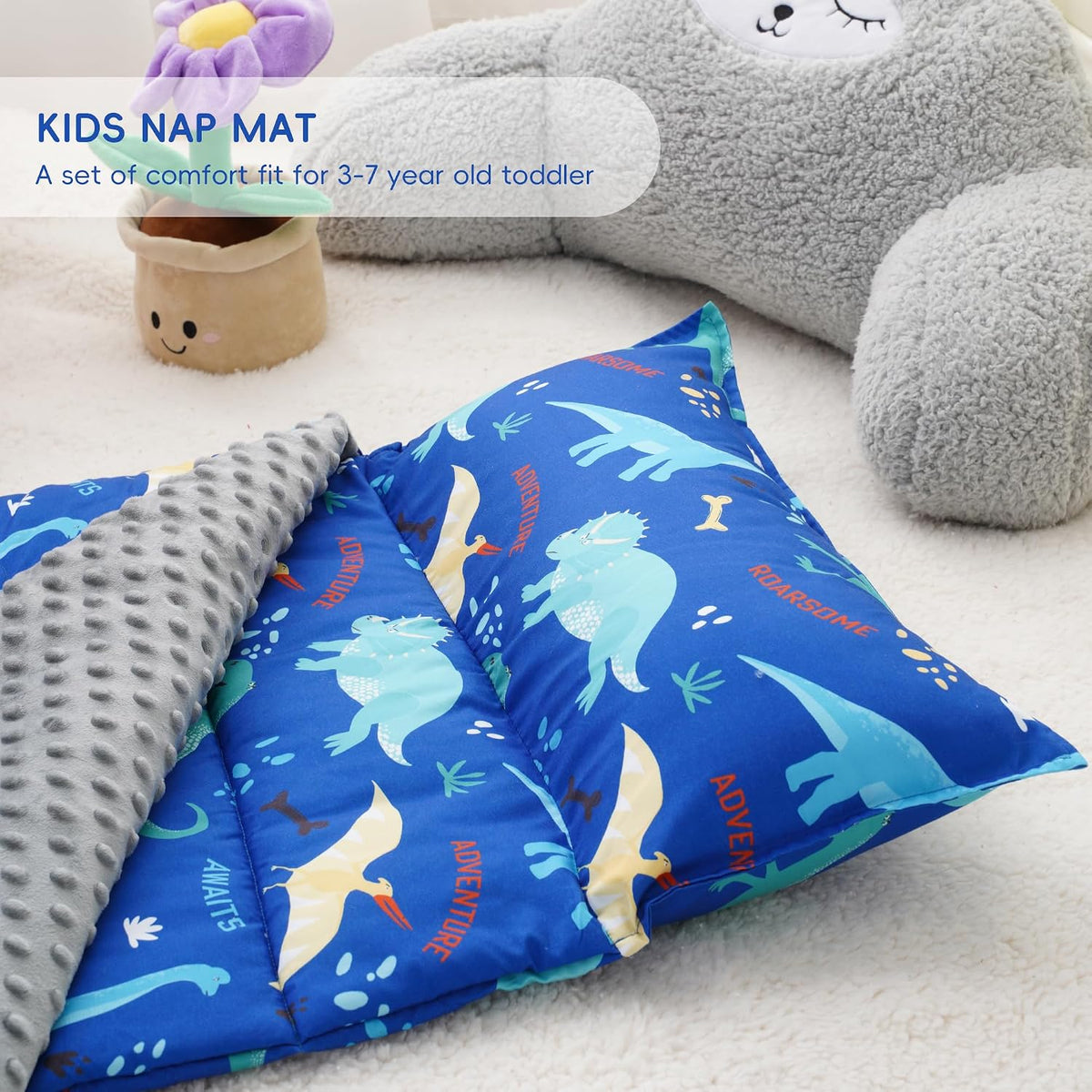 Bunnikins & Clover Toddler Nap Mat with Removable Pillow - Dinosaur Blue - image 4