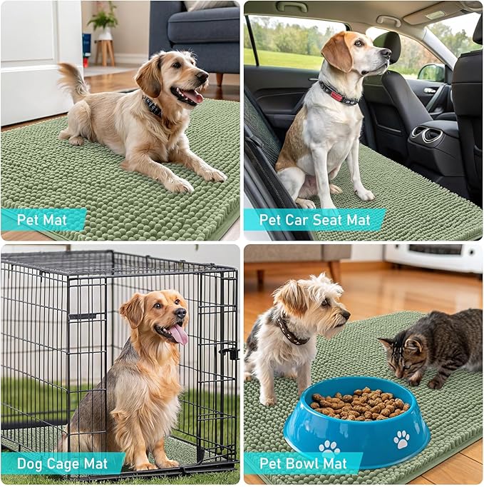 OLANLY Dog Door Mat Set 4-Piece 30x20, Absorbs Moisture and Dirt, Absorbent Non-Slip Washable Doormat, Quick Dry Chenille Mud Mat for Dogs, Entry Indoor Entryway Carpet for Inside Floor, Sage Green
