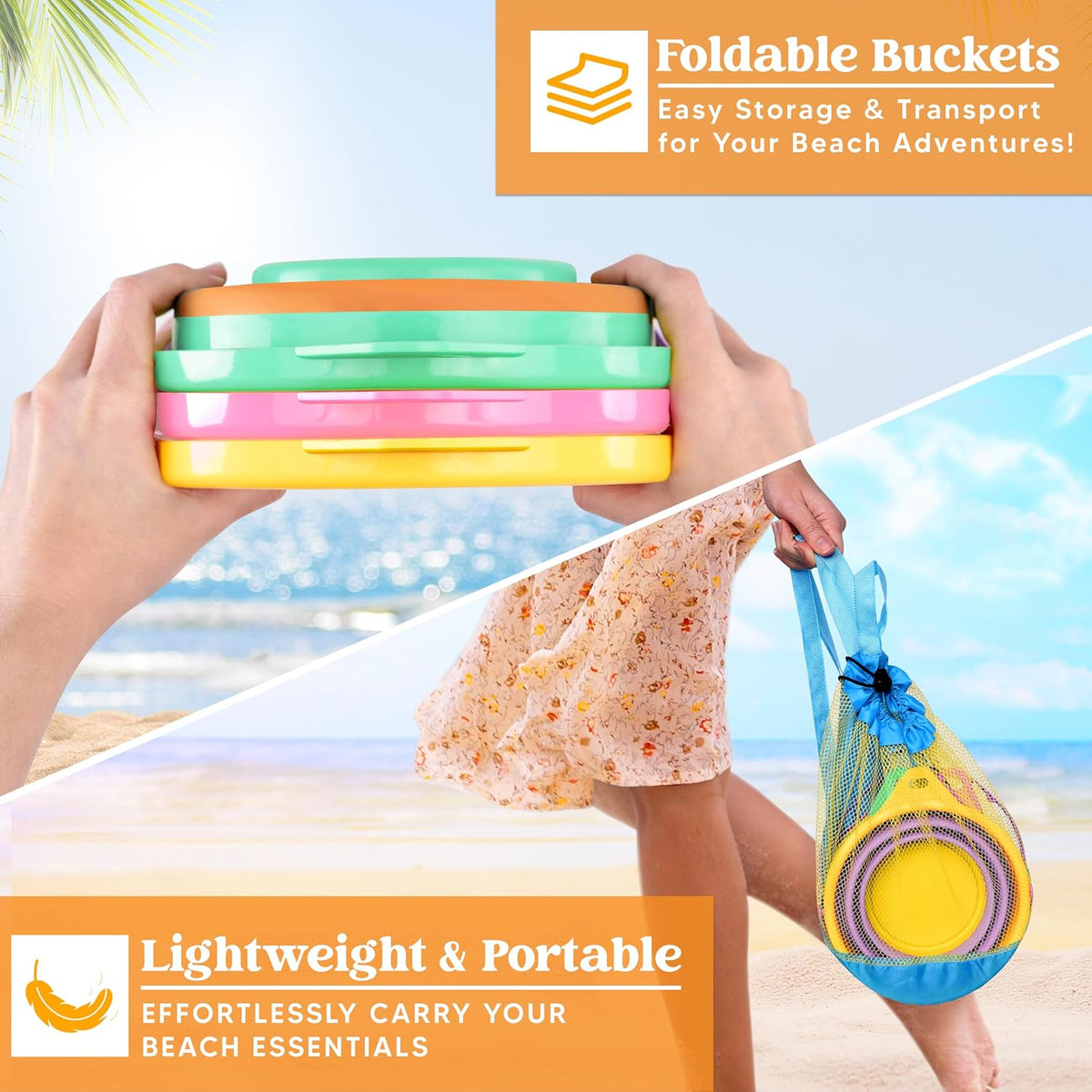 JOYIN Foldable Beach Bucket Set, Camping Gear, Travelling - Orange/Blue/Purple - image 4