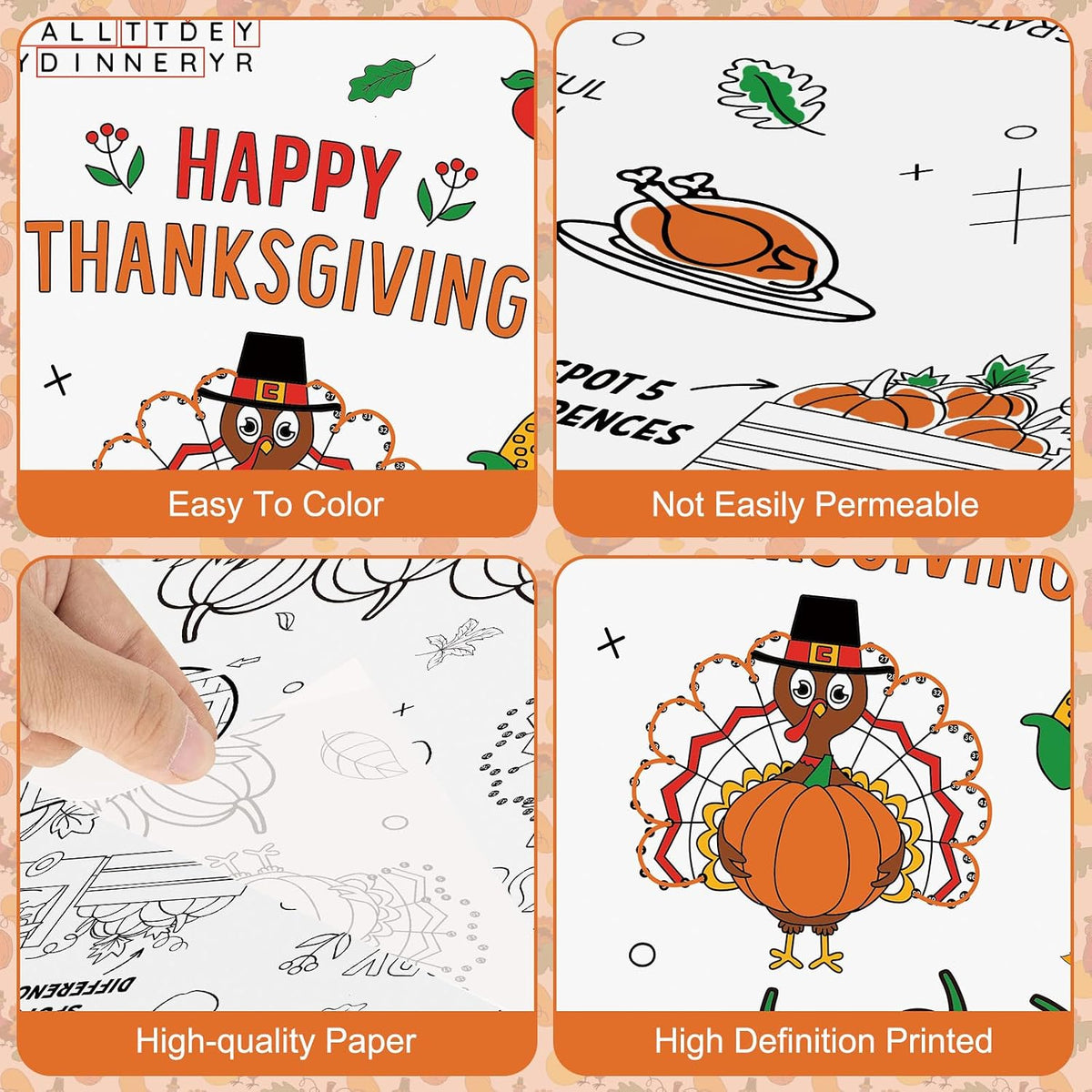 Litmitfu Thanksgiving coloring paper tablecloth with turkeys, pumpkins and games - view 7