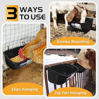 Goovilla Chicken Feeder Waterer, Hanging or Screw-in Fence Feeders with Clips, 2 Pack 5 Quart Goat Feeding Supplies, Duck Piglet Sheeple Coop Dog Livestock Poultry Plastic Feeder Trough Bucket, Black