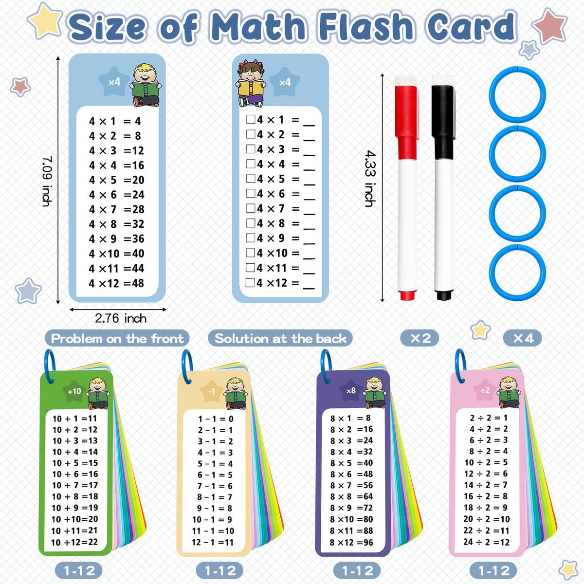 Anemeeoke 1-12 multiplication flash cards with dry erase markers and binder ring - view 10