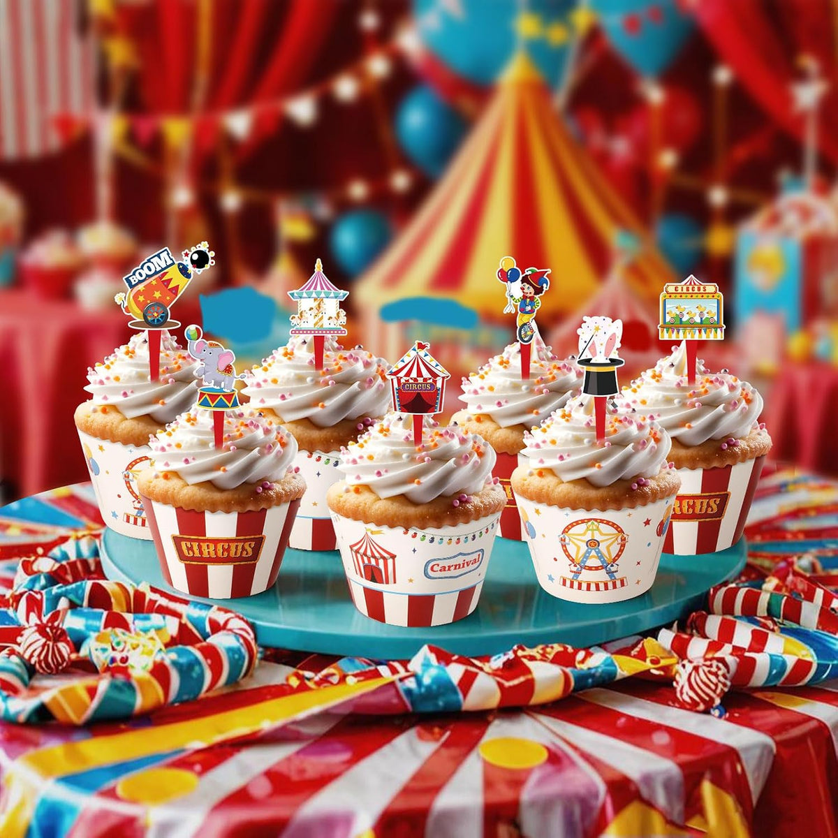 Hooqict carnival circus cupcake toppers and wrappers set, 48 pieces - view 31