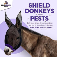 Donkey Fly Mask with Long Ears (Black) Made in USA - Mule Fly Mask with Ears Protection from Insects and Bugs, Mini Donkey Soft Mesh Fabric with Adjustable Fastener, Face Cover Supplies for Donkeys