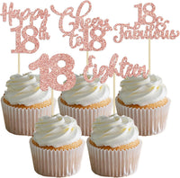 30 Pack Happy 80th Birthday Cupcake Toppers Gold Glitter Eighty - 18th / Rose Gold