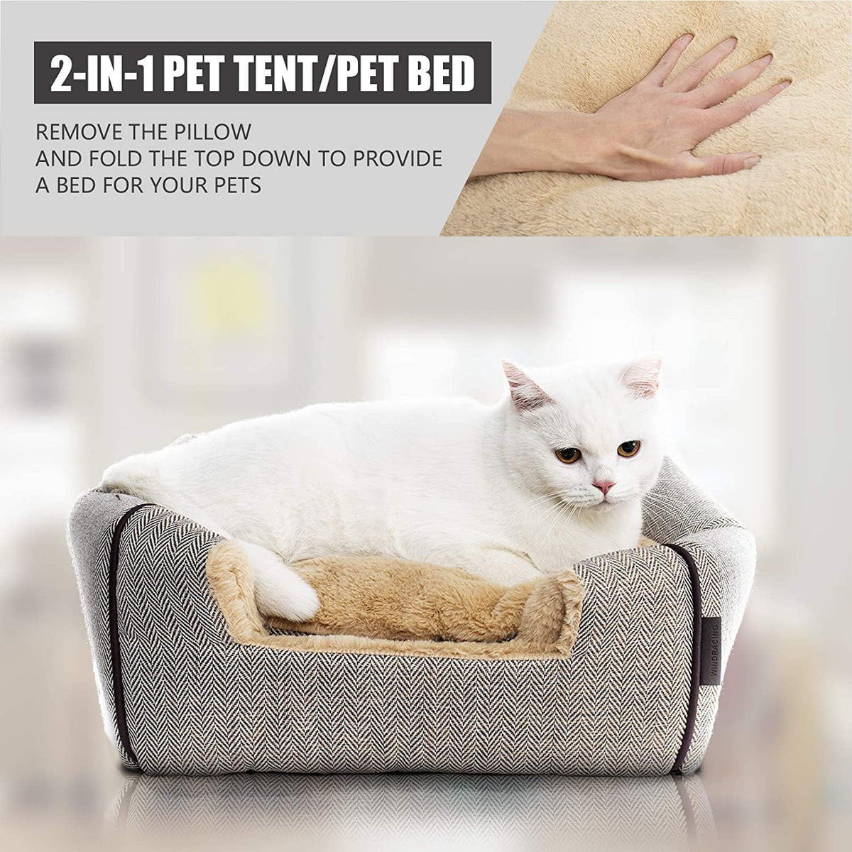 Cat Bed for Indoor Cats - Cat Cave Beds Cat House Cat Tent with Removable Washable Cushioned - Beige / L(17.5 x 17.5 x 17.5 Inch)