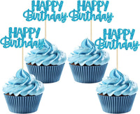 Gyufise 24Pcs Happy Birthday Cupcake Toppers Gold Glitter Celebrating - Blue