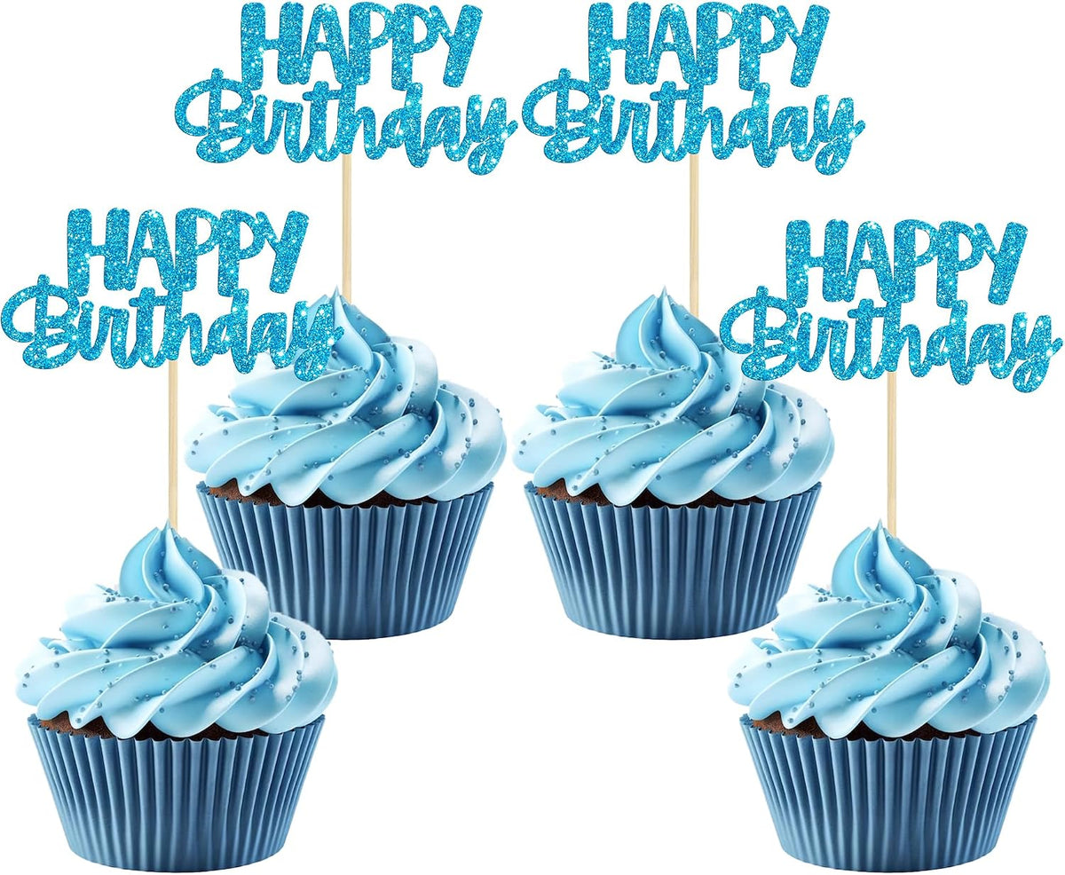 Gyufise 24Pcs Happy Birthday Cupcake Toppers Gold Glitter Celebrating - Blue