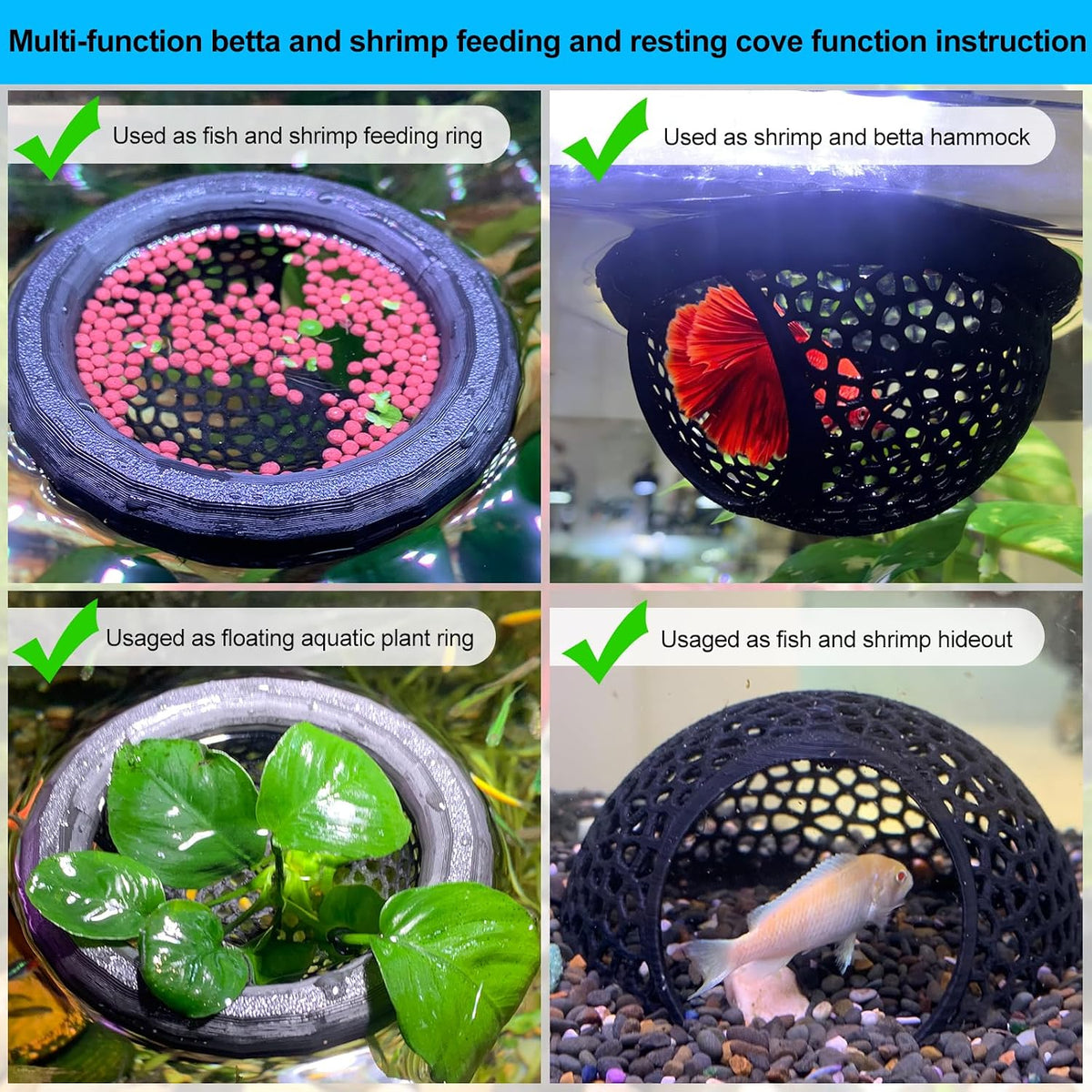 2pcs Wood Fish Feeding Ring for Aquarium，Floating Betta Hammock - Black / 1pcs big and 1pcs small floating version - image 3