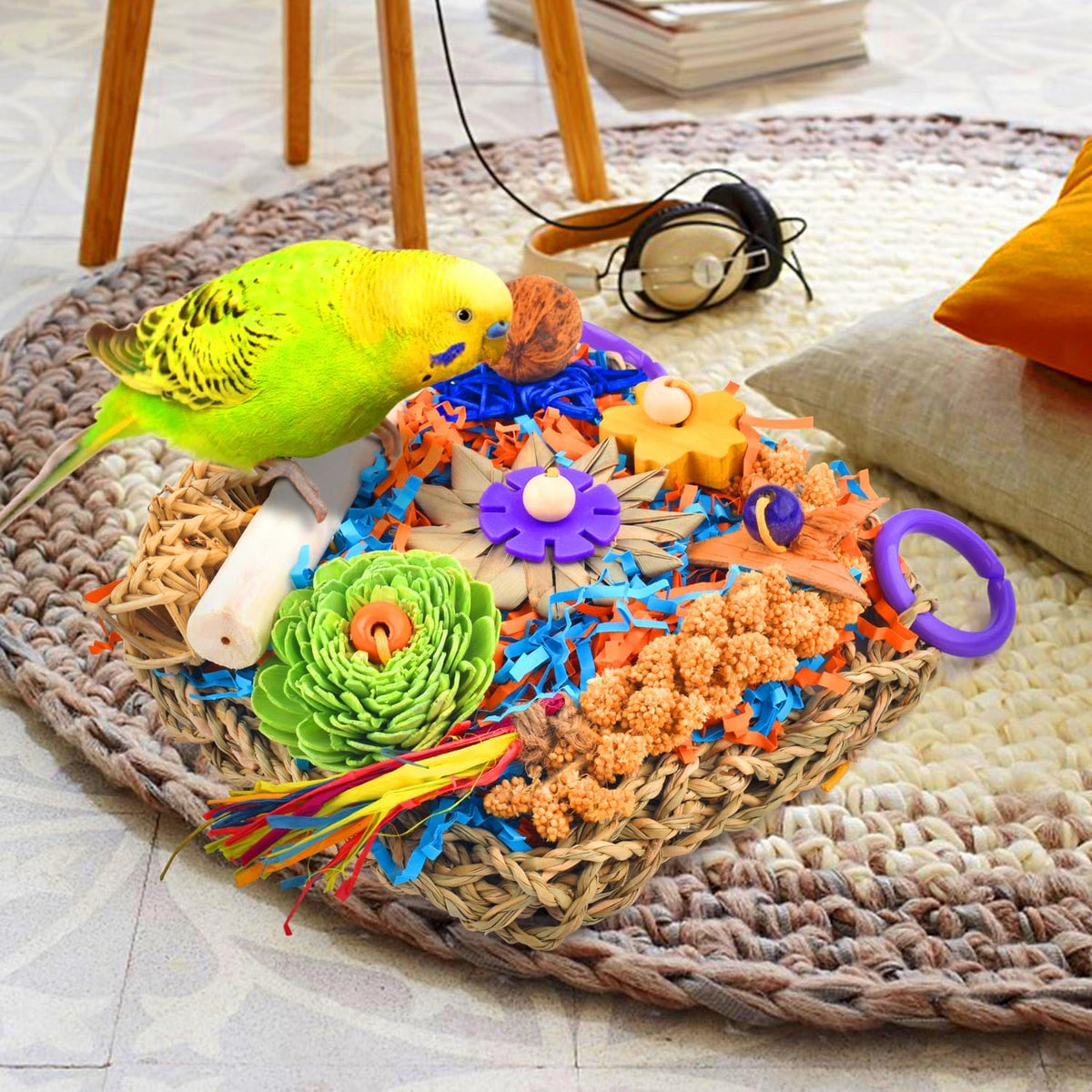 KATUMO Bird Toys, Grass Mat Shredding Hanging Toy for Budgie Parakeet – Essentials for Birds - Flower decor - image 4