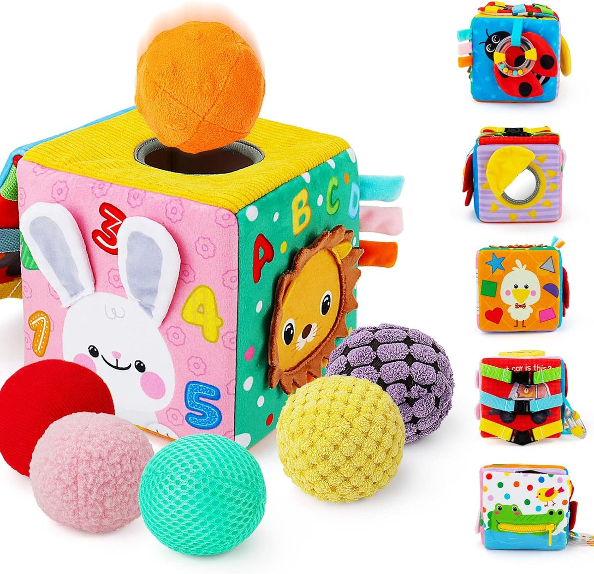 beetoy sensory Montessori busy cube for baby with buckles, zipper and six textured balls