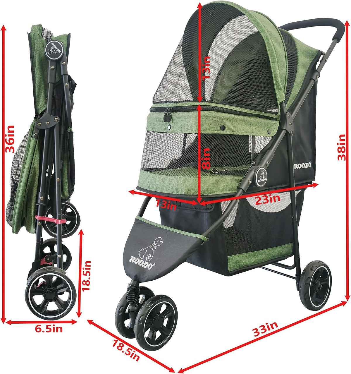 ROODO 3 Wheel Dog Pet Cat Stroller Best Lightweight Foldable Compact - Cationic Green - image 3
