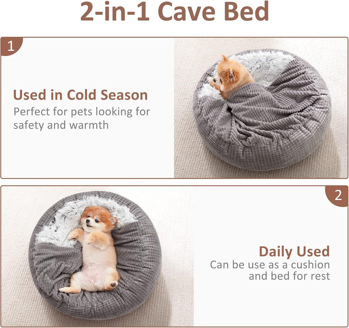 MIXJOY Small Dog Bed Cat Bed with Blanket Attached Donut Washable - Grey / 23.0"L x 23.0"W x 7.0"Th - image 2